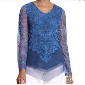 Chico's Twilight Blue Textured Lace Double Layer Long Sleeve Top Size 3/ 16